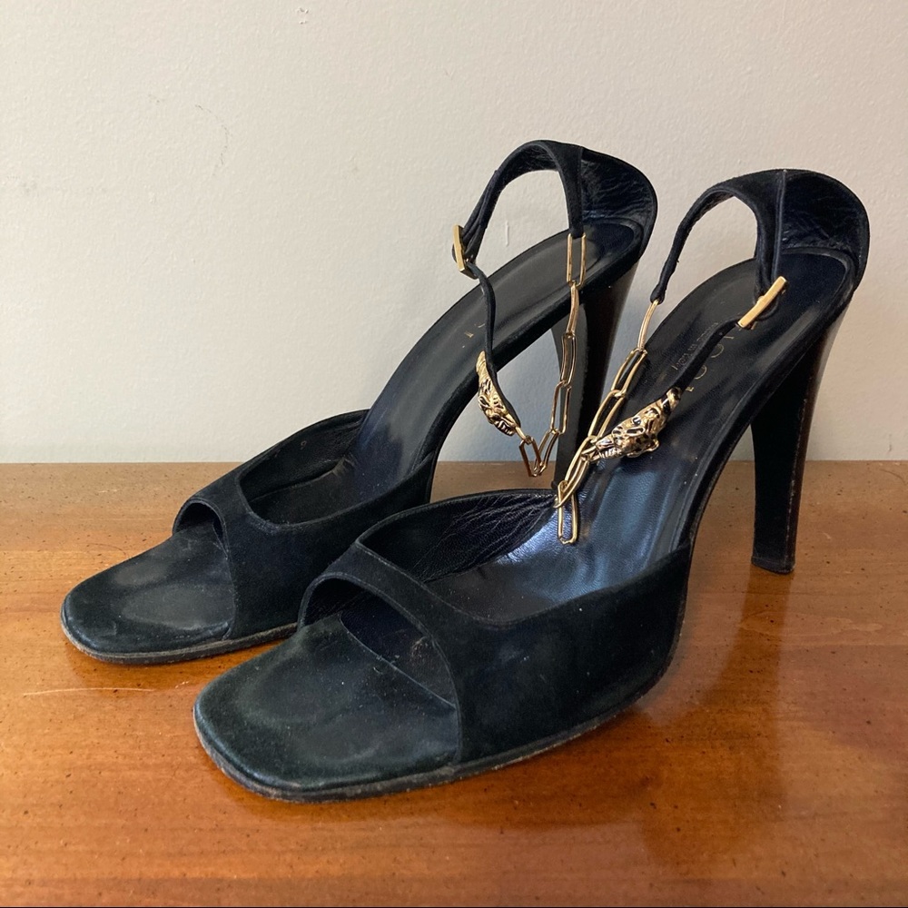 Gucci Black Suede Gold Leopard Chain High Heels 9